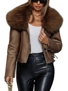 Womens Camel Polyester Faux Motorcycle Stylish Removable Fur Collar Jacket